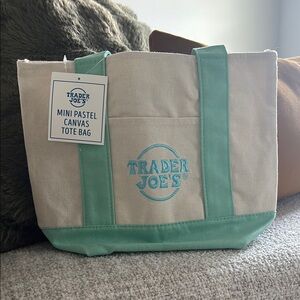 NWT Trader Joe's Mini Pastel Canvas Tote Bag - Cream and Green